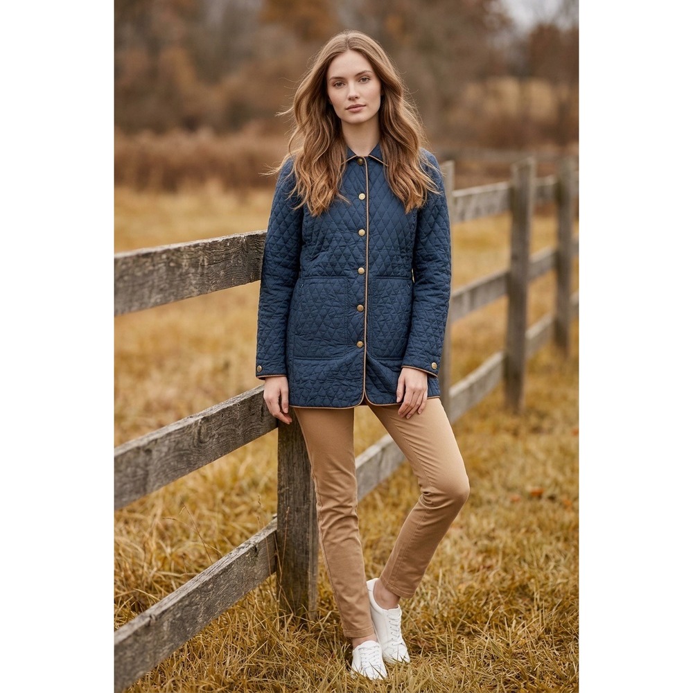 Brooks Brothers Navy Quilted Thermore Barn Jacket Tan Trim Blue Coat Womens L